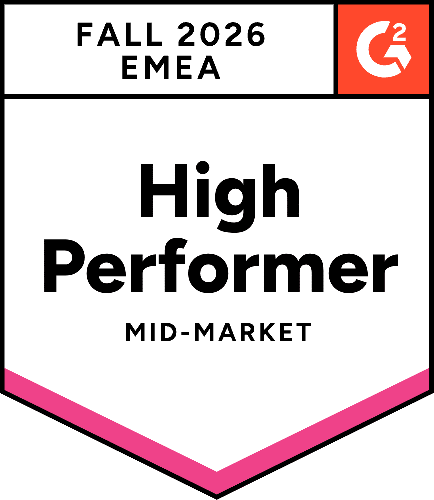 G2 badge displaying "Fall 2026 High Perfomer EMEA Mid-Market" with a pink border.