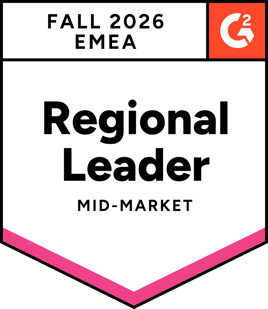 G2 badge displaying "Fall 2026 Regional Leader EMEA Mid-Market" with a pink border.