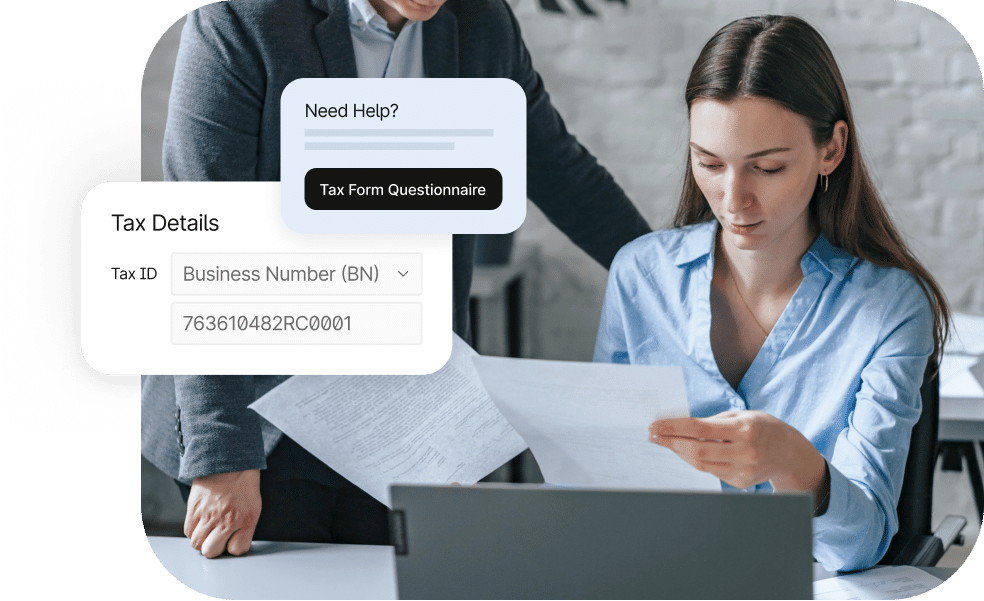 A person reviews documents at a desk with a laptop. A sidebar lists tax form types and another popup suggests a "Tax Form Questionnaire" for further assistance.