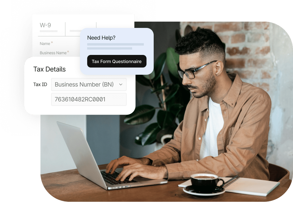 A man is typing on a laptop at a desk with tax form types displayed on the screen, including W-8BEN, W-8BEN-E, W-9, and other options. A "Need Help? Tax Form Questionnaire" button is shown.