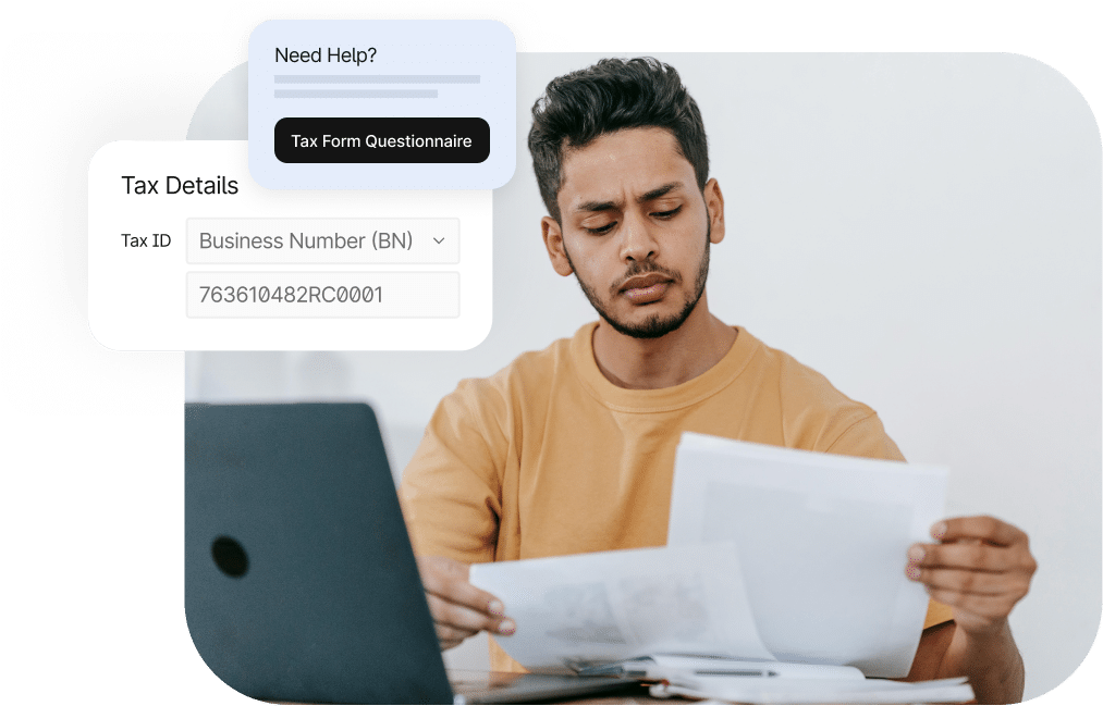 A person reviews documents at a desk. A list detailing tax form types (W-8BEN, W-8BEN-E, W-9, Other) and a "Need Help?" prompt with a "Tax Form Questionnaire" button are superimposed on the image.