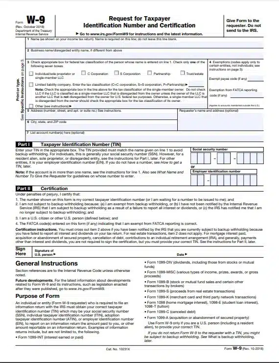 W-4 form for tax withholding.