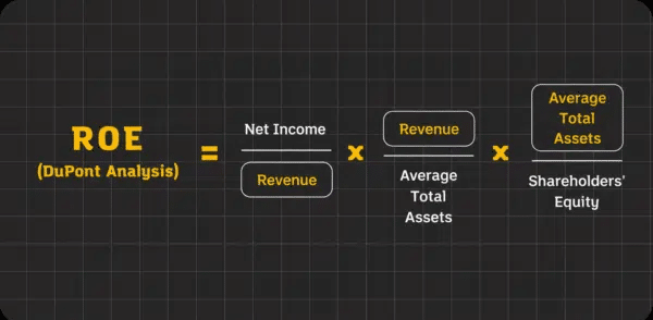 A diagram showing the DuPont Analysis formula for ROE, illustrating how return on sales (Net Income/Revenue) × Revenue/Average Total Assets × Average Total Assets/Shareholders’ Equity combine to assess financial performance.