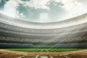 An empty baseball stadium with a bright light shining on it.