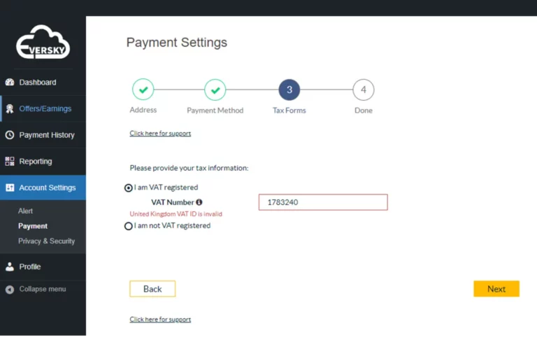 A screenshot of the payment settings page.