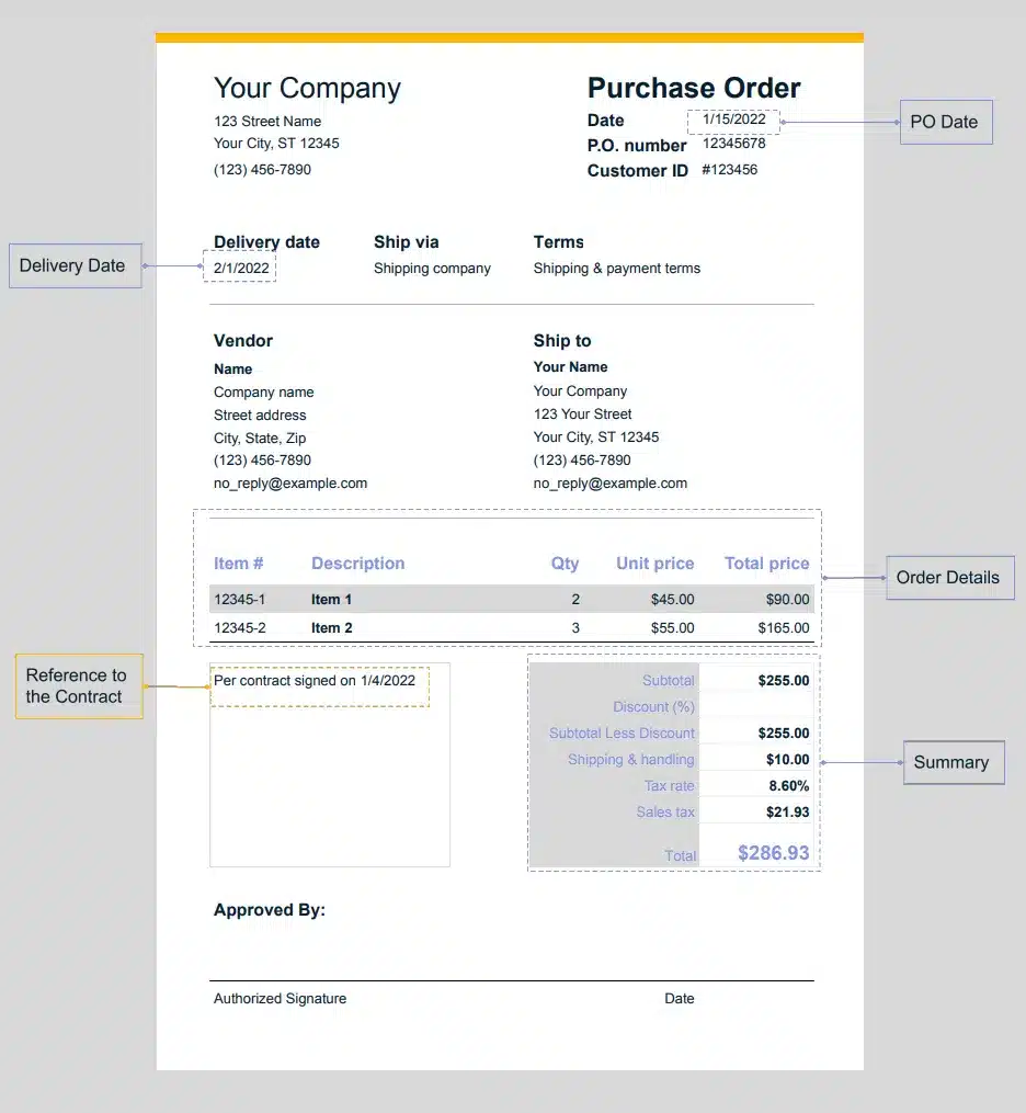 An example of a purchase invoice in microsoft word for a purchase order.