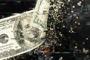 A dollar bill is falling out of a black background.