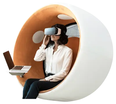 A woman experiencing a future-office-of-finance wearing a VR headset.