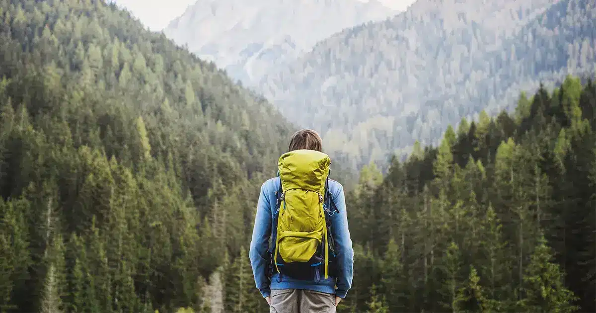 A woman with a backpack standing in a forest.