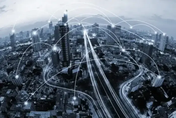 An image of a city with a network of connections.