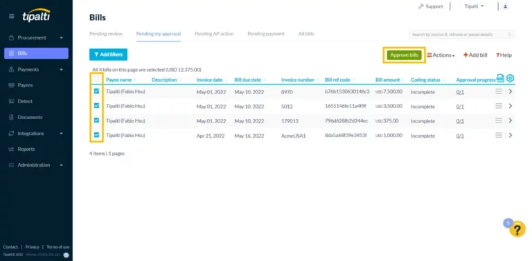 A screenshot of a screen displaying invoices in the product section.