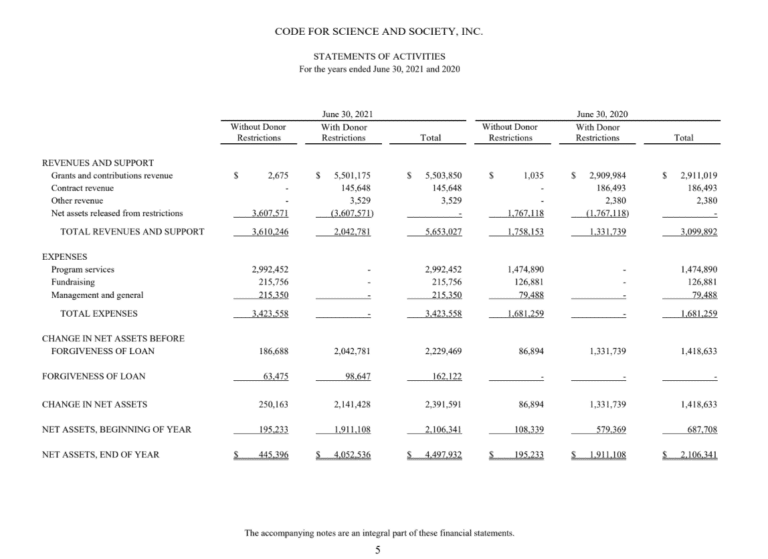 An example of a nonprofit financial statement for a company.