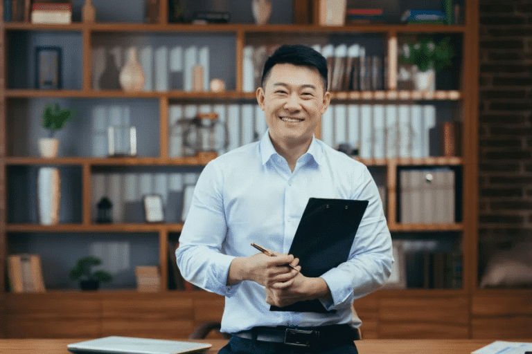 A smiling asian businessman holding a clipboard in his office.