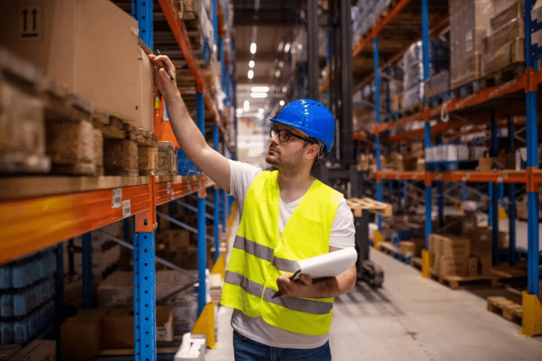 A worker in a warehouse holding a clipboard.