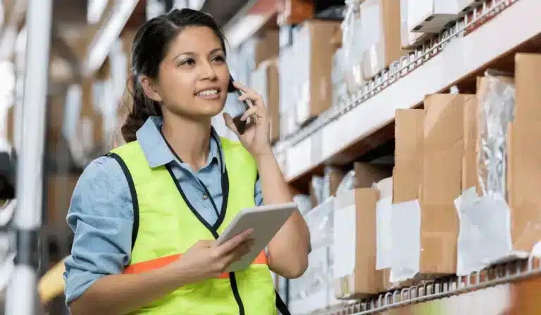 A warehouse worker multitasking by talking on a cell phone while overseeing supplier onboarding in a bustling warehouse.