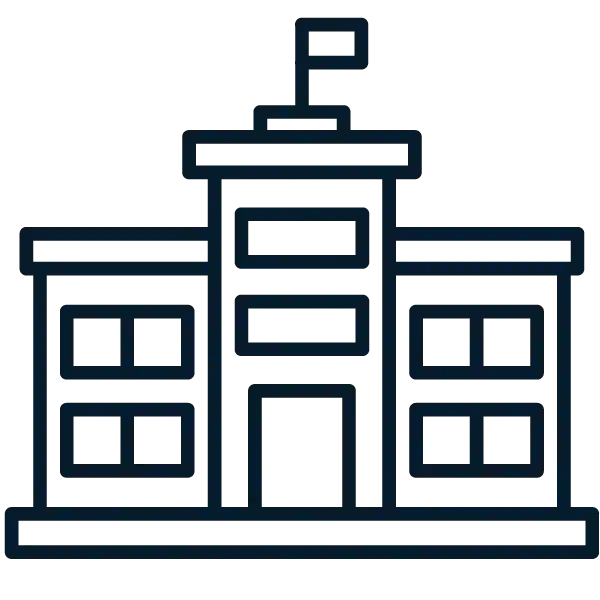 A school building icon on a black background.