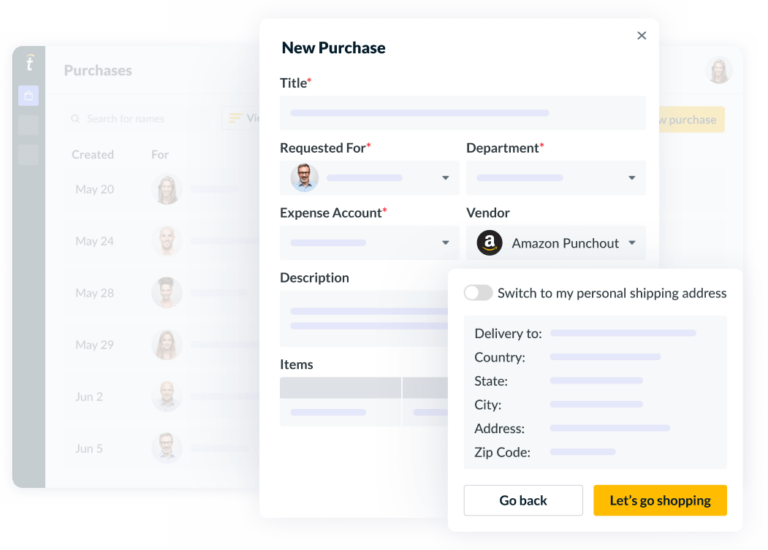 Amazon punchout integration showing new purchase details and delivery address dialogue.