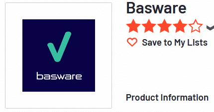 Logo of basware with a five-star rating and a 'save to my lists' option.