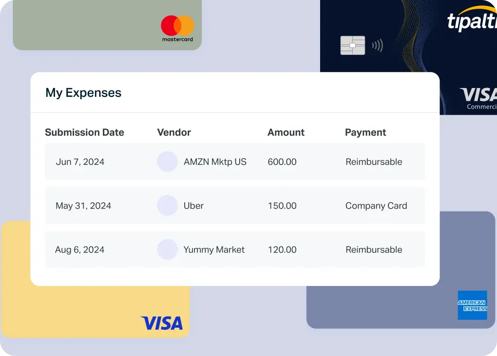 A digital expense management screen showing three transactions with their submission dates, vendors, amounts, and payment methods.