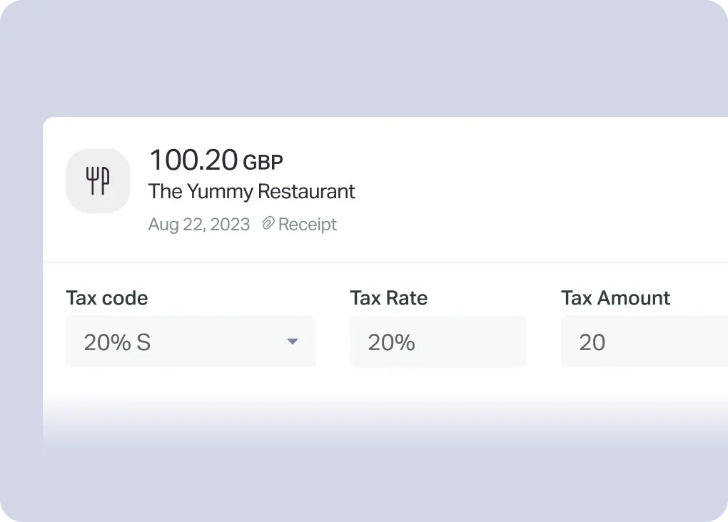 Digital receipt showing a payment of 100.20 gbp at the yummy restaurant on august 22, 2023, with a 20% tax calculation.