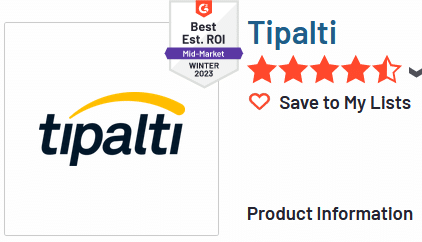 A promotional graphic highlighting tipalti as the "best est. roi mid-market winter 2023" with a five-star rating and an option to "save to my lists.