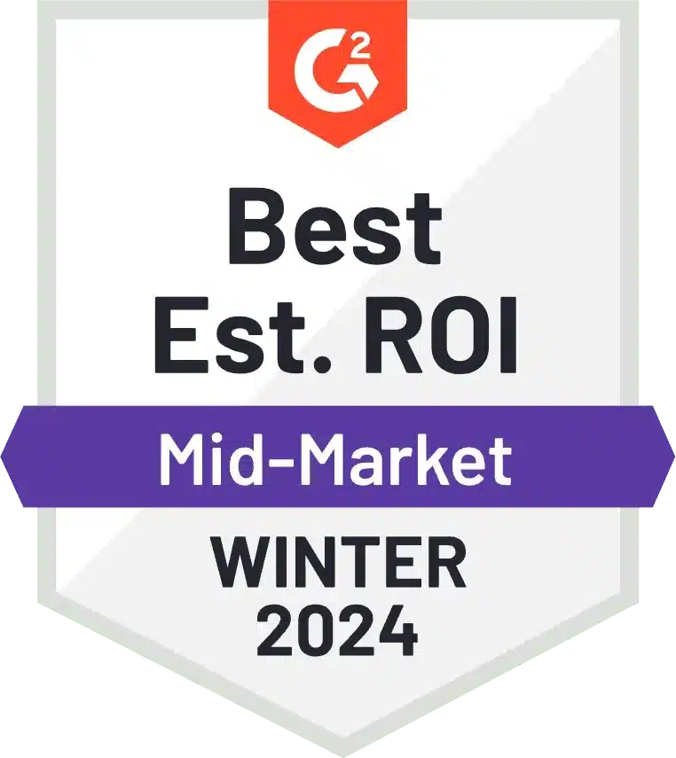 Award badge for "best est. roi mid-market winter 2024" from g2.