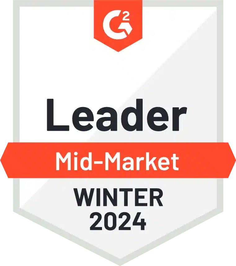 Badge indicating 'leader mid-market winter 2024' award from g2.