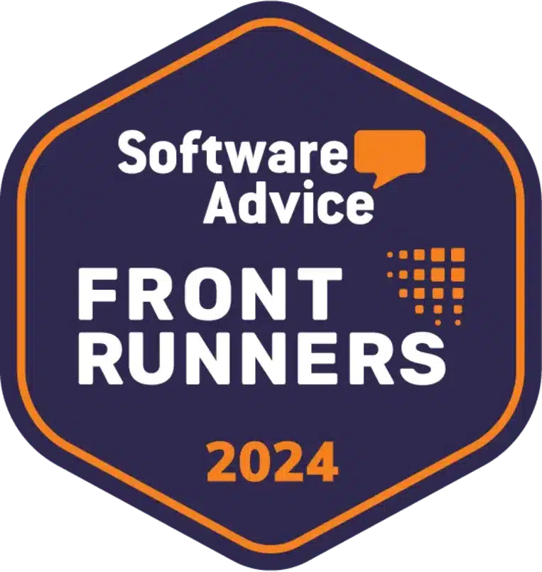 Logo of "software advice frontrunners 2024" on a hexagonal background.