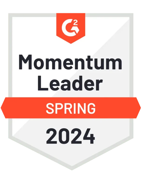 Digital badge titled 'momentum leader spring 2024' with a red ribbon, on a green background.