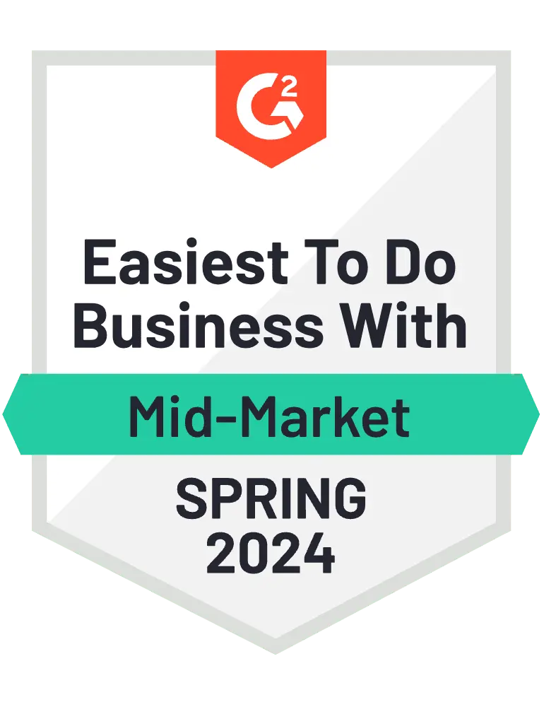 An award badge from g2 for "easiest to do business with - mid-market spring 2024" featuring a white shield design with a red and orange logo at top.