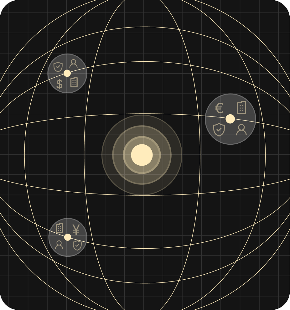 A grid with a central focal point surrounded by icons depicting currencies, security, and business symbols connected by a spherical wireframe, showcasing the seamless integration of AP automation.