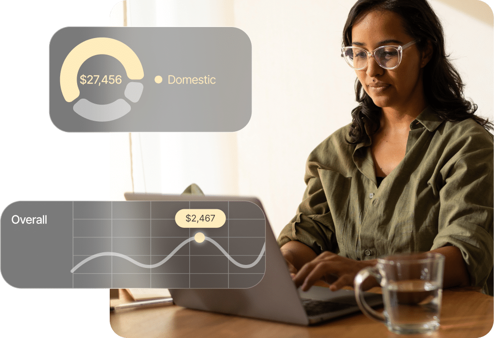 A person with glasses works on a laptop. Two charts overlay the image: one shows $27,456 labeled as "Domestic", the other depicts a graph with a highlighted point at $2,467 labeled "Overall".