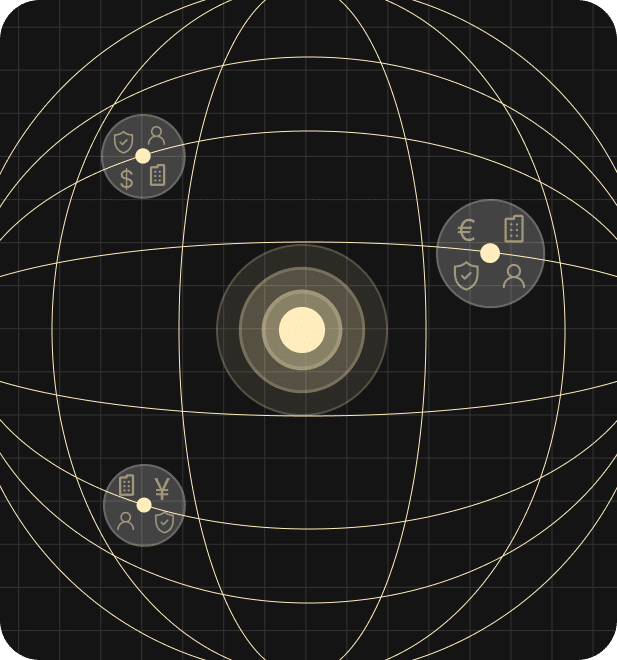 A stylized globe with interconnected orbs displaying icons related to finance, currency, and user profiles in a black and gold color scheme—a perfect addition to enhance your product's SEO.