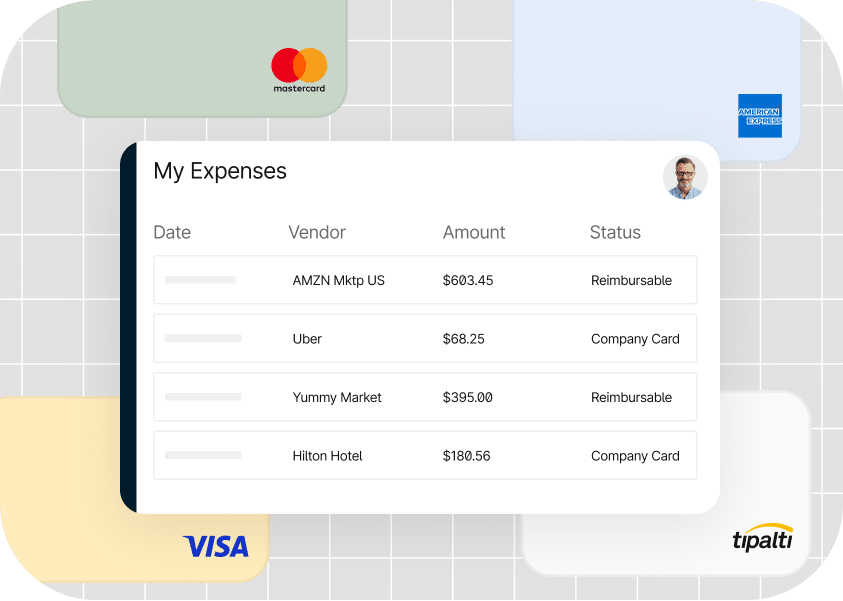 A digital expense report showing transactions with vendors Amazon, Uber, Yummy Market, and Hilton Hotel. Payment methods include Mastercard, Visa, and American Express. Statuses include Reimbursable and Company Card.