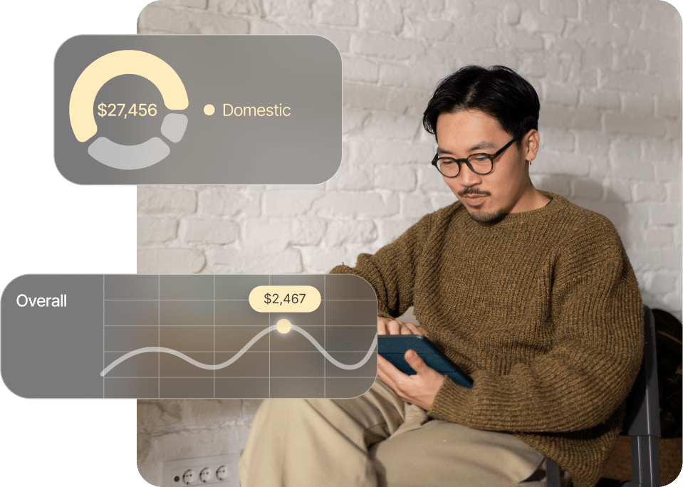 A person sits on a chair using a tablet, next to graphs showing financial data: $27,456 for Domestic and $2,467 Overall.