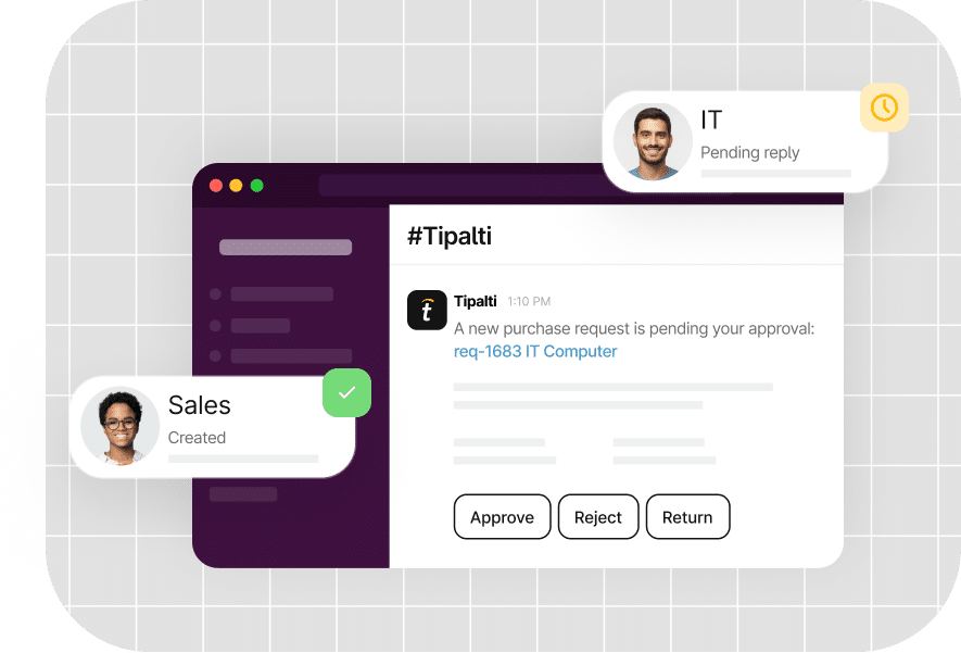 A computer screen showing a Tipalti message about a pending approval request for an IT purchase. Two user icons labeled IT and Sales are also displayed.