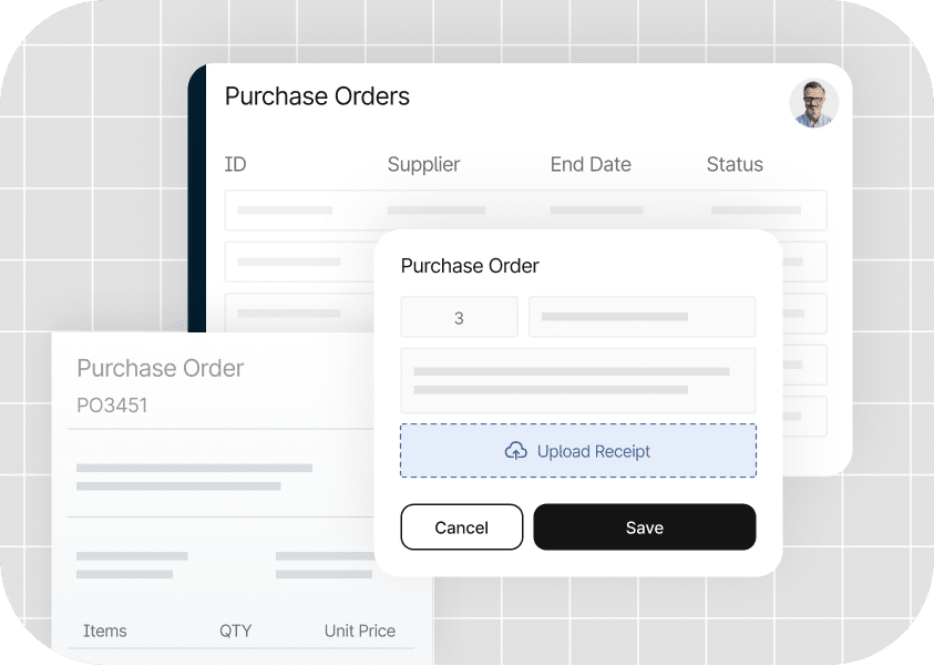 Overlay of multiple purchase order forms displaying fields for ID, Supplier, End Date, Status, and an option to upload receipts. .