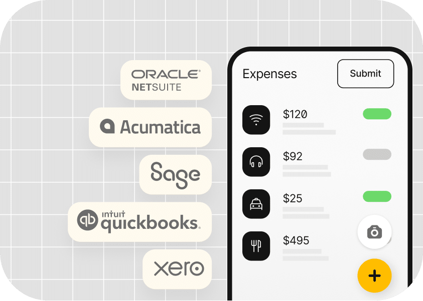 A digital expense tracking app interface showing different expenses and logos of Oracle NetSuite, Acumatica, Sage, QuickBooks, and Xero on a gridded background.