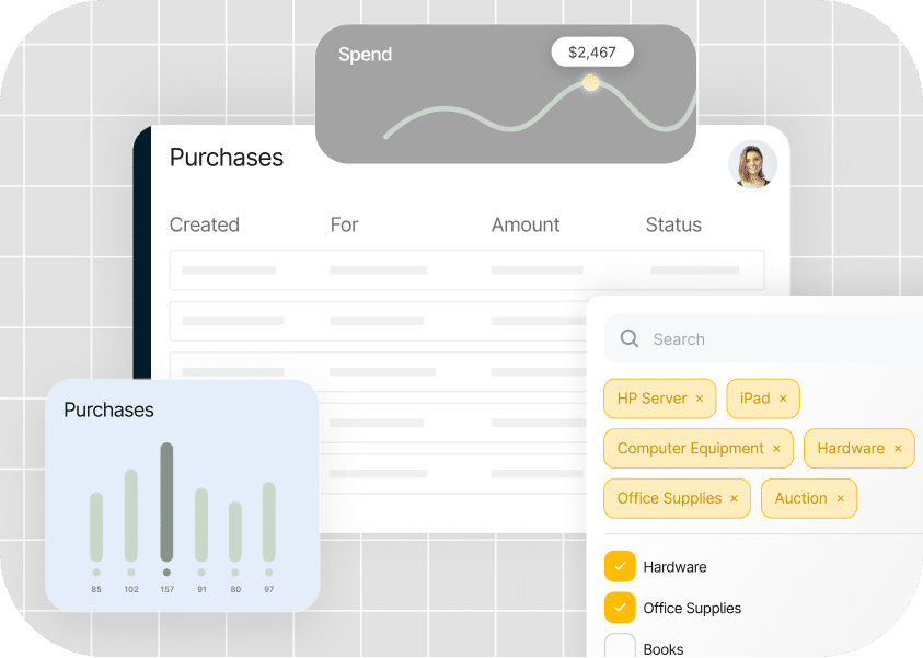 An interface showing purchase details with a graph of spending trends, categorized expenses, and search functionality. The total spending displayed is $2,467.