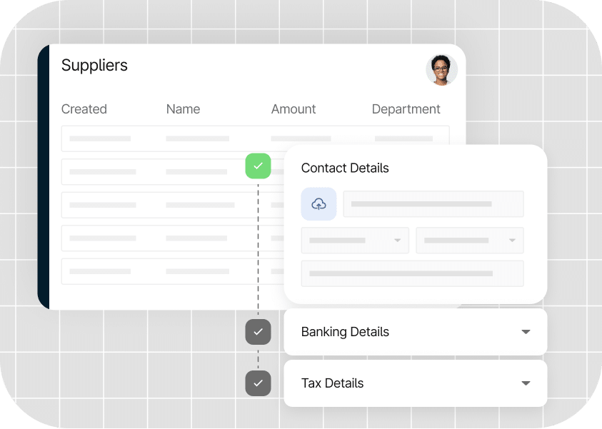 A user interface displaying a "Suppliers" list with fields for created date, name, amount, and department. There are options for Contact Details, Banking Details, and Tax Details.