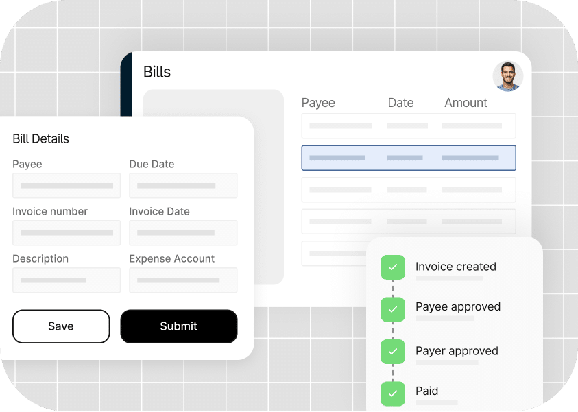 A screenshot of a billing and invoice management application showing fields for bill details and a progression tracker indicating steps from invoice creation to payment.