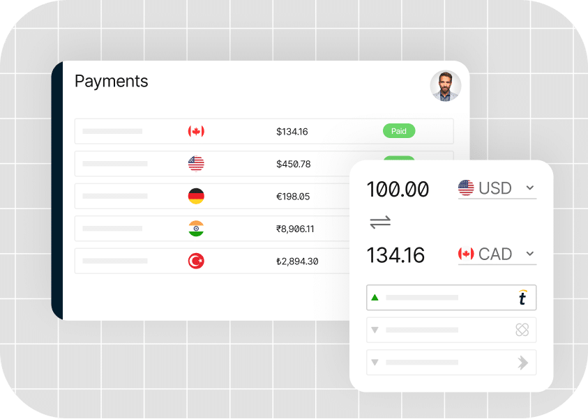 A digital interface showing a payments screen with various currency amounts and national flags. An exchange widget is displayed converting USD to CAD. A paid status icon is present on one payment.