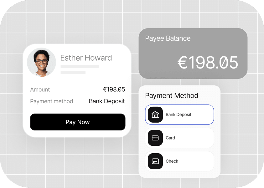 A digital payment interface showing a transaction to Esther Howard for €198.05 via bank deposit. The payee balance is €198.05. Payment methods include bank deposit, card, and check.