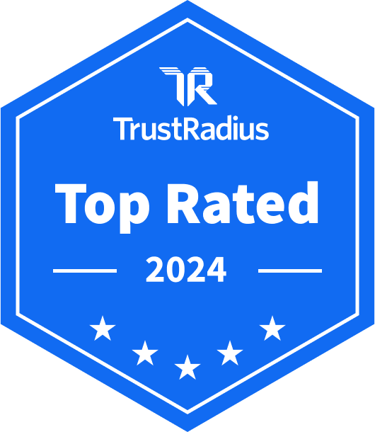 TrustRadius Top Rated 2024 badge with a blue hexagonal shape and white text, featuring five stars at the bottom.