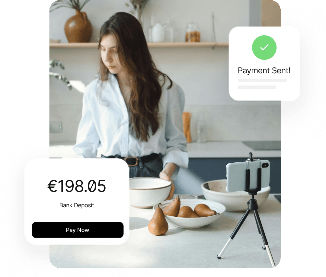 A person in a kitchen stands next to a bowl of pears on a counter. An adjacent phone on a tripod captures the scene. Overlaid text boxes show a payment confirmation of €198.05 for a bank deposit.