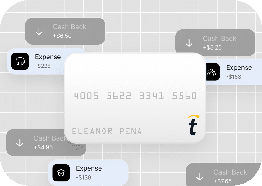 A credit card labeled "Eleanor Pena" surrounded by different financial transactions, including expenses and cashback amounts on a grid background.