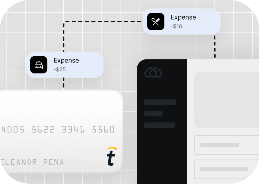 Credit card charges are shown, including a $25 expense and a $16 expense, connected by dashed lines on a grid background.