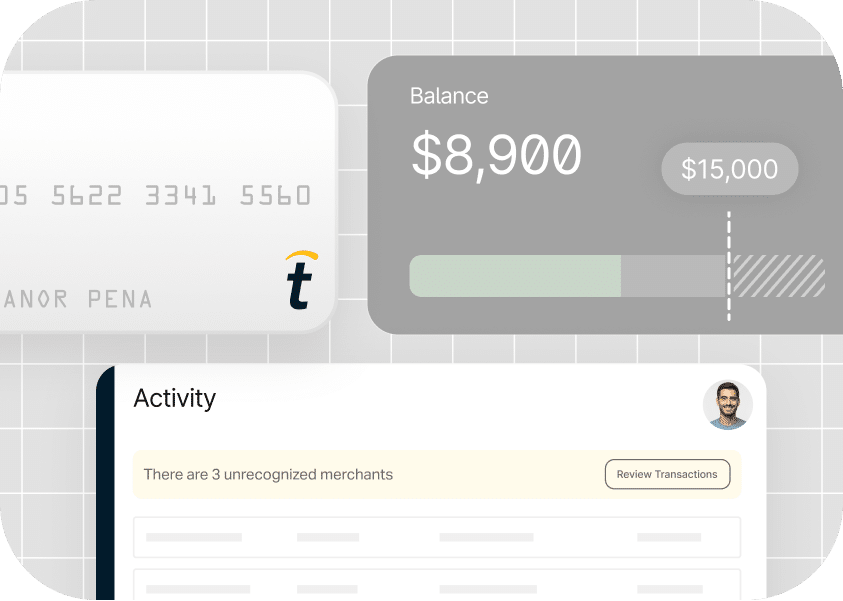 A digital banking interface showing a credit card, an account balance of $8,900 out of a $15,000 limit, and an activity section highlighting 3 unrecognized merchants.