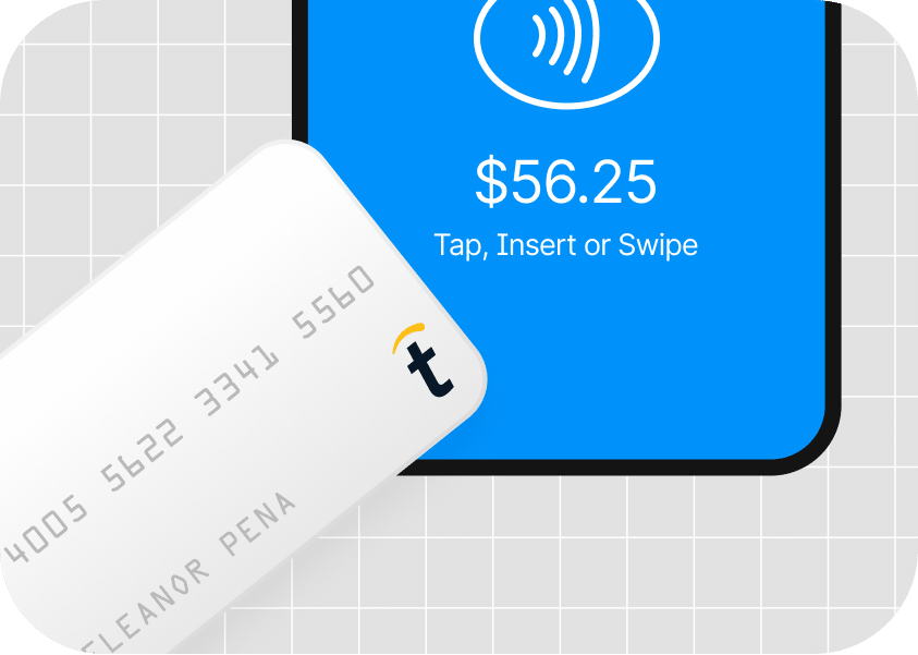 A white credit card with the text "ELEANOR PENA" and card number is positioned on a screen displaying the amount $56.25 and the instruction "Tap, Insert or Swipe.