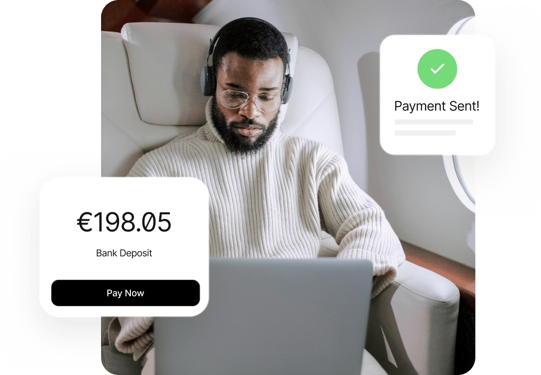 A man wearing headphones sits in an airplane and uses a laptop. A graphic overlay shows a bank deposit of €198.05 with a "Pay Now" button, and another confirms "Payment Sent!" with a checkmark.